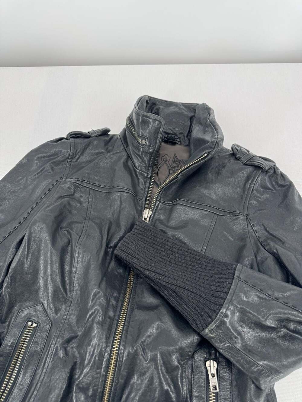 Mackage Black Leather Moto Jacket Size M with Knit Trim and Zipper Pockets